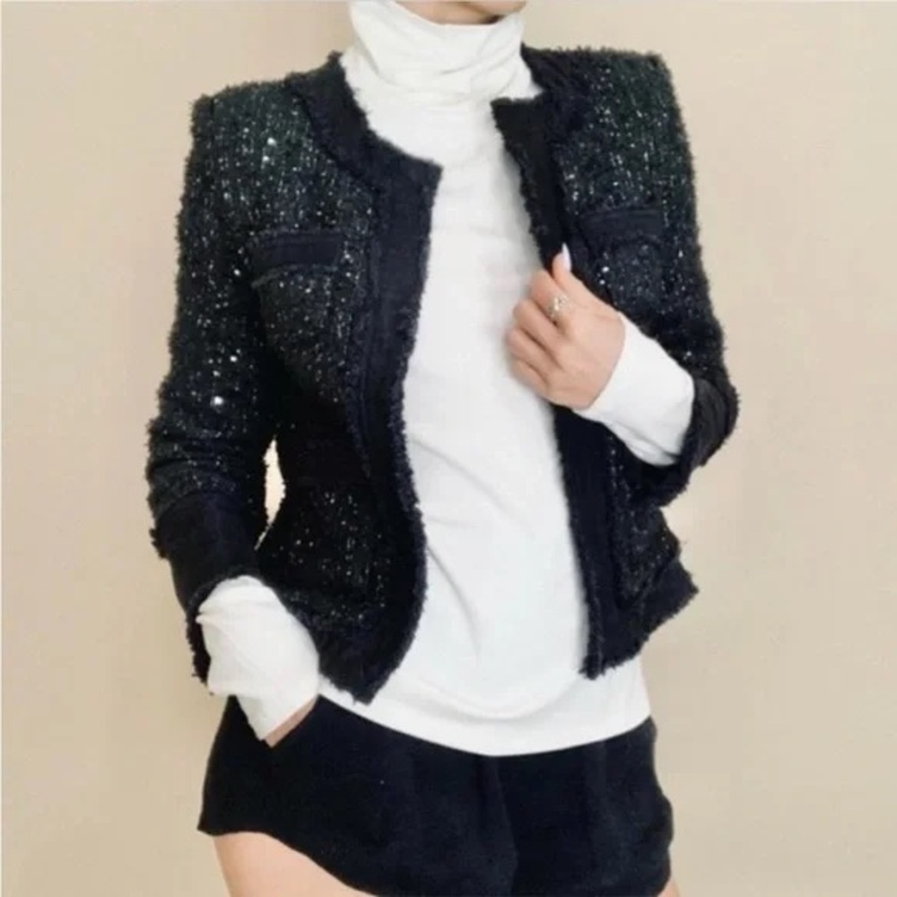 Nanette Lepore Black Tweed Sparkling Sequins Jacket with Denim Trim Sz Large
